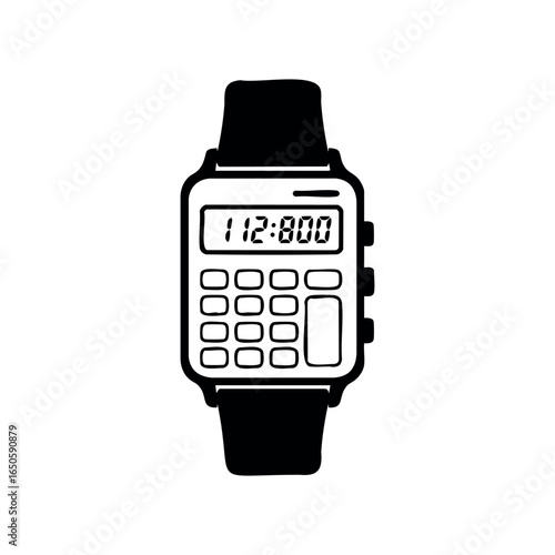 Retro digital calculator watch with black strap and numeric display