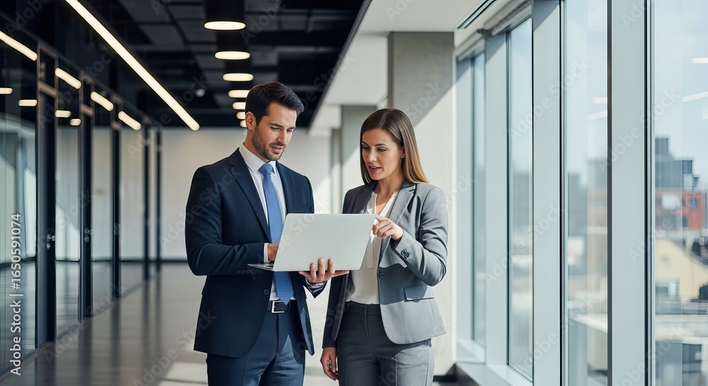 Two business professionals standing in an office corridor are looking closely at a laptop computer screen, discussing data.