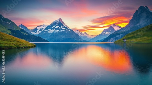 Awesome evening panorama of Bachalp lake (Bachalpsee), Switzerland