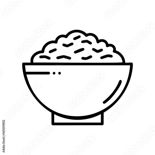 Black and white icon of a bowl of rice with simple line art design
