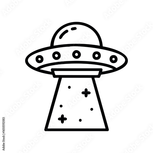 Black ufo outline with beam and stars in minimalist style