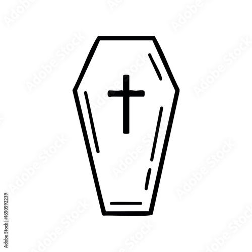 Simple black and white coffin drawing with cross decor