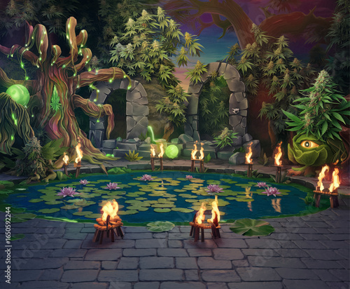 Vector Illustrated Video Game Enchanted Cannabis Pond with Torches and Ancient Ruins