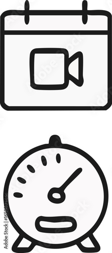 Video call schedule and time management doodle icons.