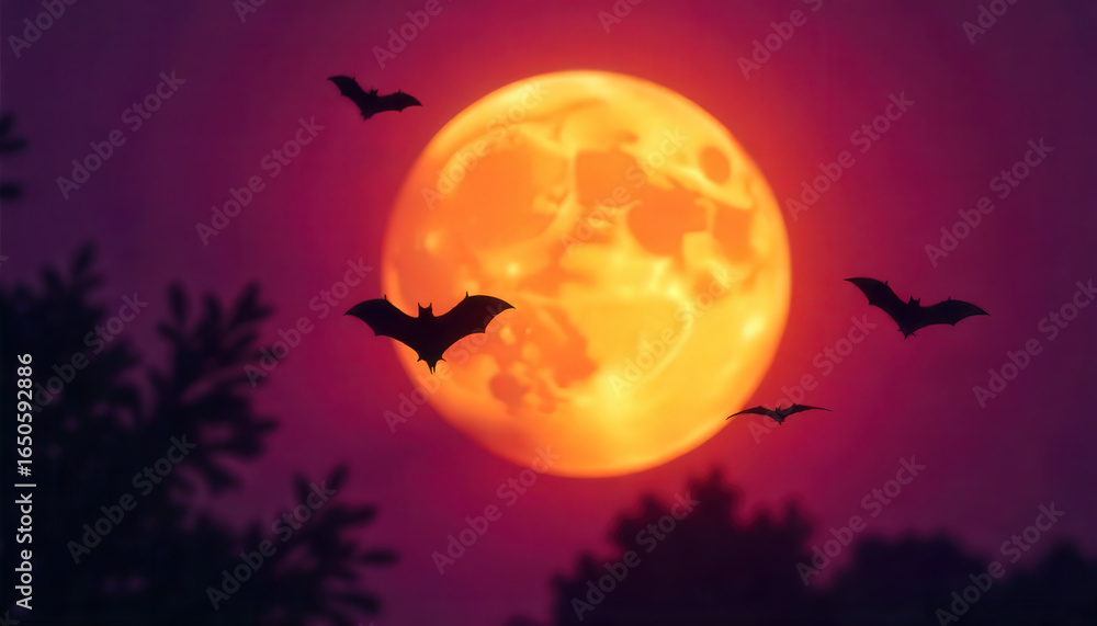 Fototapeta premium Halloween Night Bats Silhouetted Against the Glowing Moon and Trees 