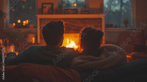 Couple relaxing by fireplace at home romantic evening cozy winter night in front of fire love and warmth