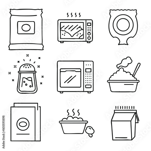 Microwave cooking and convenience food preparation line art icon set. Vector symbols for instant meals, seasoning, and packaged food