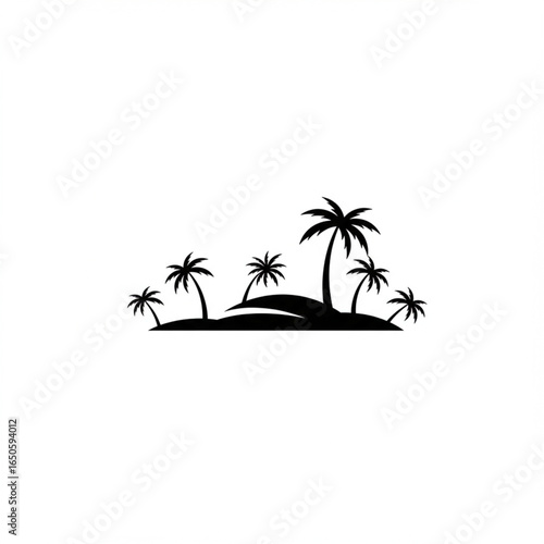 Exotic tropical island silhouette with coconut palm trees. Summer vacation travel logo design element.