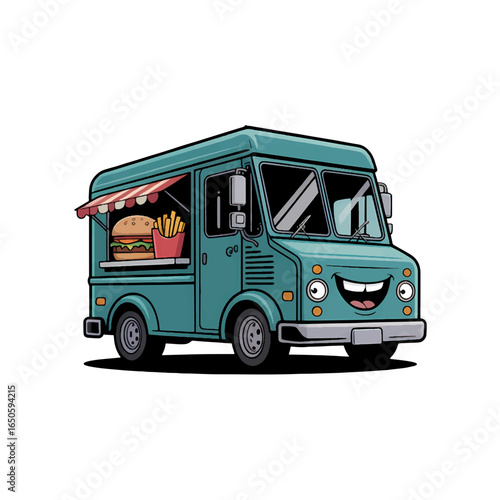 Food truck serves burgers and fries with a cheerful design in a busy urban setting during lunchtime