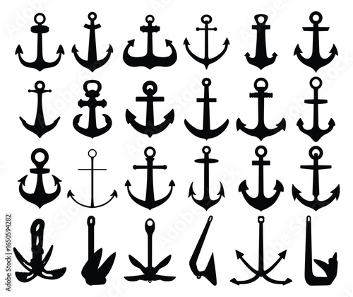 Set of sea anchor silhouettes.
