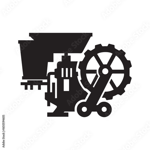 A sleek and modern silhouette logo of a threshing machine, designed in a bold vector style. 
