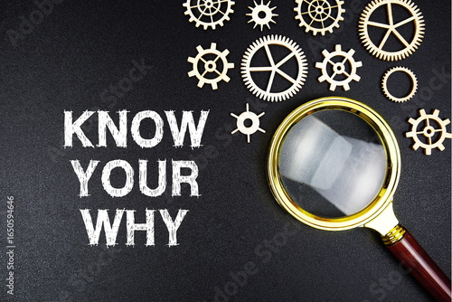 Foto Know Your Why text message with magnifying glass on black background