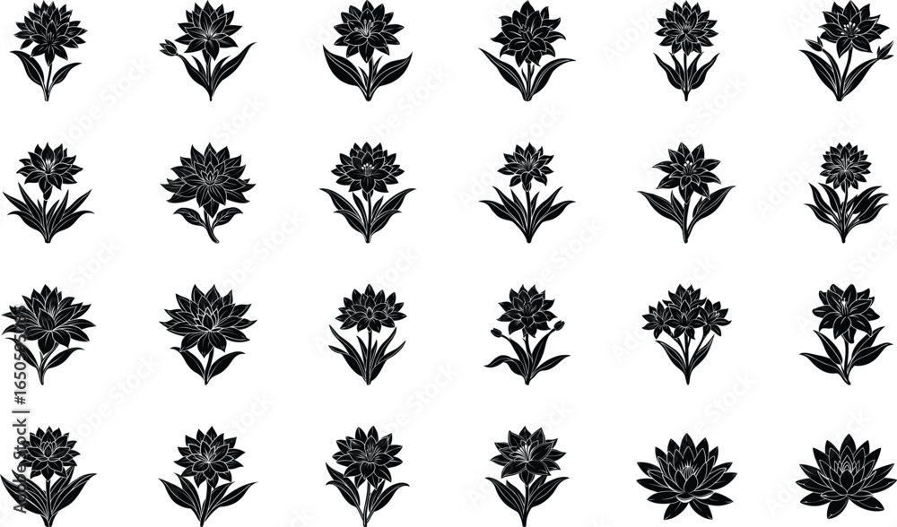 Fototapeta premium Black Floral Silhouette Vector Icons Set – Decorative Botanical Flower Clipart Bundle for Logos, Patterns, Invitations, and Digital Art