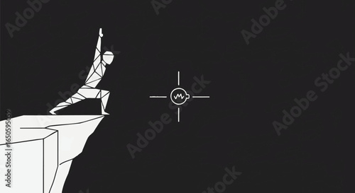 Abstract low-poly figure in a warrior yoga pose at the precipice, a black and white concept of mindfulness, balance, and determination