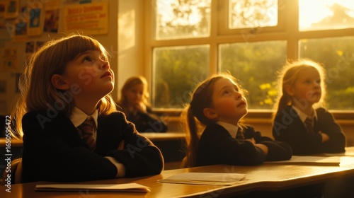 Elementary School Students Looking Upwards in Classroom