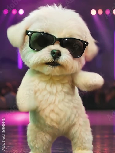 Cute fluffy golden dog standing upright wearing stylish black sunglasses on a vibrant nightclub dance floor