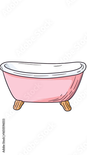 A charming hand-drawn illustration of a vintage pink clawfoot bathtub, a sweet and retro sketch for bathroom decor, spa themes, and relaxation concepts.
