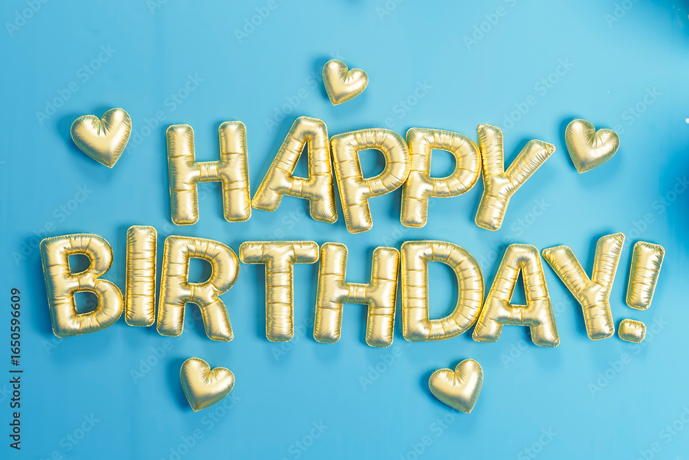 © Rendara Studio - 3D golden balloons spelling happy birthday on blue background