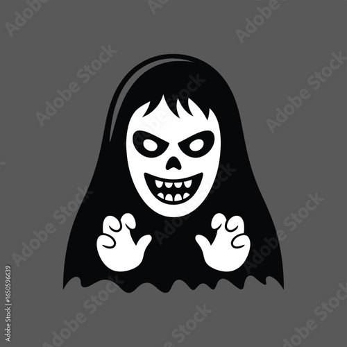 Black and white graphic of a scary ghost with wide eyes and open mouth on gray background spooky halloween