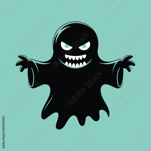 Black silhouette of a menacing ghost with glowing eyes and sharp teeth on teal background scary