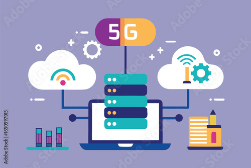 5 G network technology illustration with clouds and server, 5g, technology, network, cloud, server, data, connection, communication, wireless, digital, internet, modern, illustration, graphic, blue, p