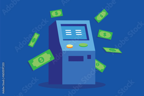 Blue A T M machine with flying dollar bills cash dispenser, atm, cash dispenser, money, finance, banking, transaction, currency, bills, green, blue, technology, payment, withdrawal, deposit, financial