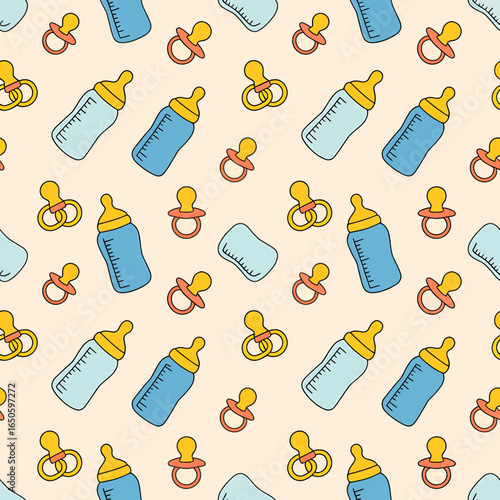 Seamless Pattern of Baby Bottles Pacifiers and Washcloths in Soft Colors Perfect for Nursery Decoration or Baby Shower Invitations