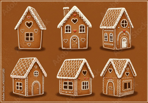 Collection of six decorated gingerbread houses with white icing