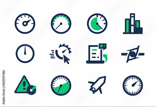A modern flat icon set focused on business productivity and time management, featuring clocks, speedometers, and task symbols for efficiency and performance.
