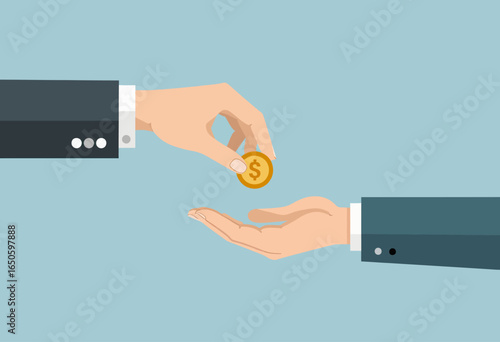 A flat design vector illustrating a financial transaction, showing one hand giving a gold coin to another, symbolizing payment, charity, donation, or salary.
