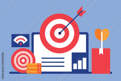 Digital advertising illustration with targets and laptop, digital advertising, illustration, targets, laptop, arrow, dartboard, coins, graph, data, success, goal, strategy, marketing, business, analyt