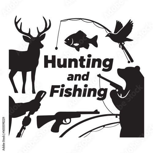 A vector logo design with the text Hunting and Fishing The text is in black.