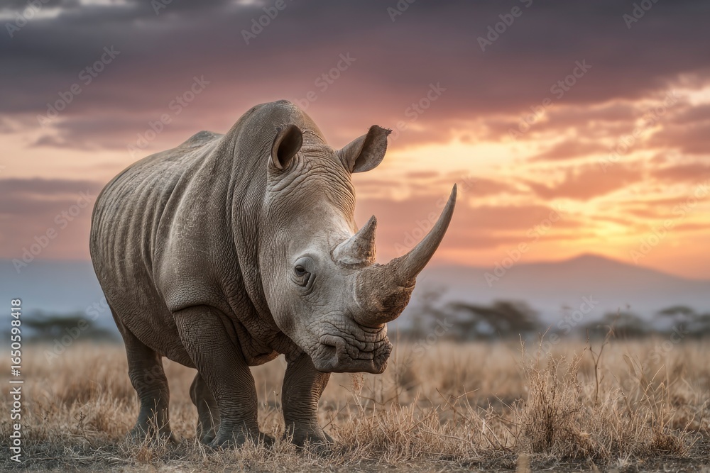 Fototapeta premium A rhinoceros stands in a grassy field at sunset with a dramatic sky