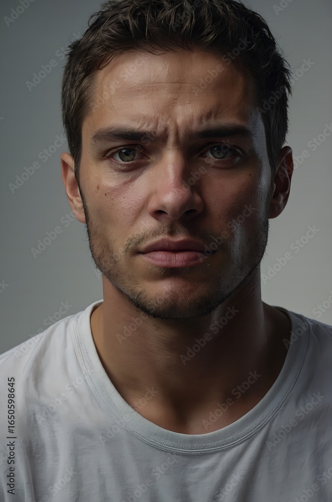 Portrait of a Sad and Distressed Young Man with Tearful Eyes, Close-Up Studio Shot Portrait of a Sad and Distressed Young Man with Tearful Eyes, Close-Up Studio Shot