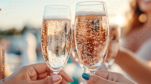 Fototapeta Naklejka Na Ścianę i Meble -  Friends clinking champagne glasses at sunset during celebration  