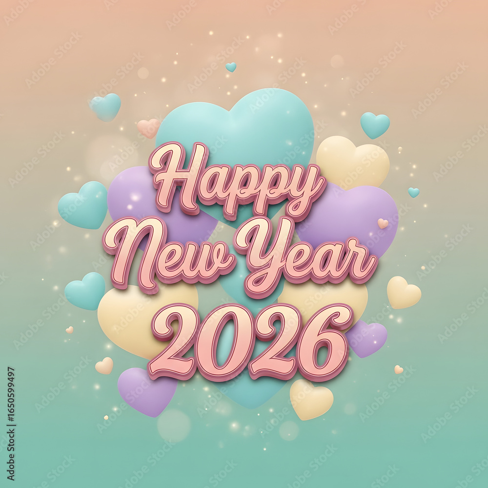 Naklejka premium Happy New Year 2026 Greeting with Pastel Hearts and Soft Colors.