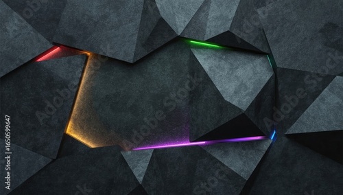 A dark, geometric wall design, showcasing vibrant neon lines within its multifaceted structure.