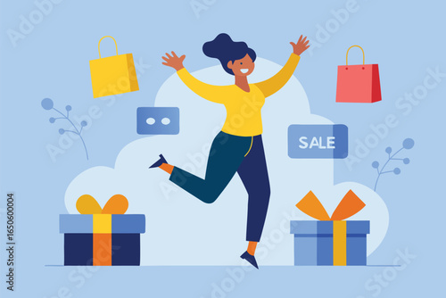 Woman celebrating with shopping bags and gifts celebration, woman, shopping, celebration, gifts, sale, bags, happy, joy, presents, retail, consumerism, excitement, shopping spree, consumer, purchase, 