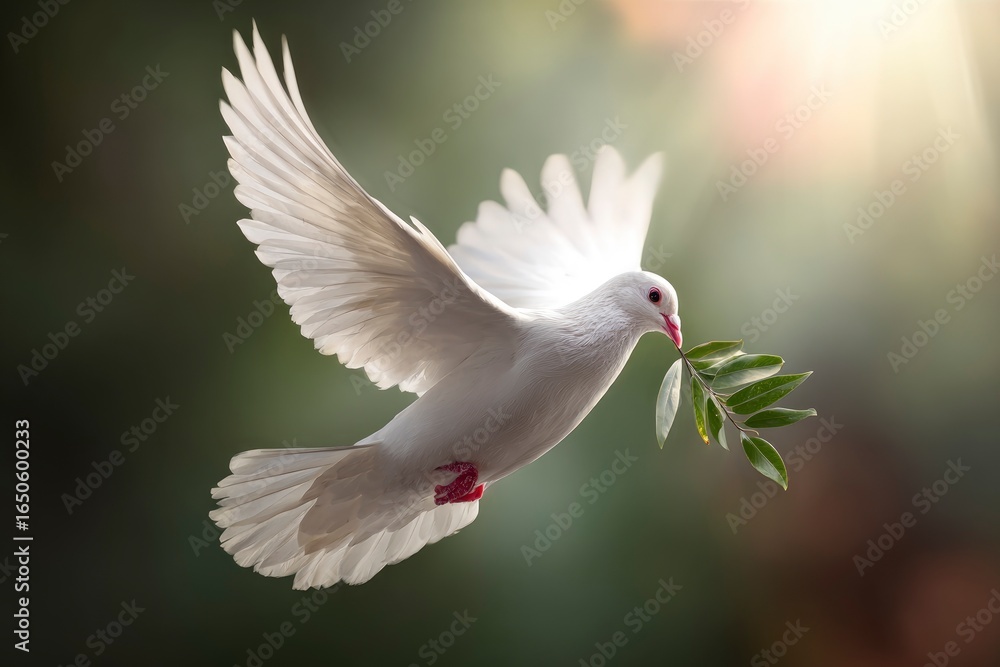 Fototapeta premium White dove in flight carries an olive branch bathed in light against a softfocus background