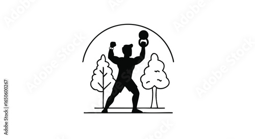 Fitness Athlete Holding Kettlebell with Trees in the Background - Line Art Illustration