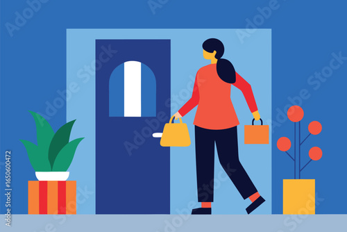 Woman with shopping bags walks past door walking plant, woman, walking, shopping bags, door, plant, home, interior, flat design, illustration, orange, blue, yellow, green