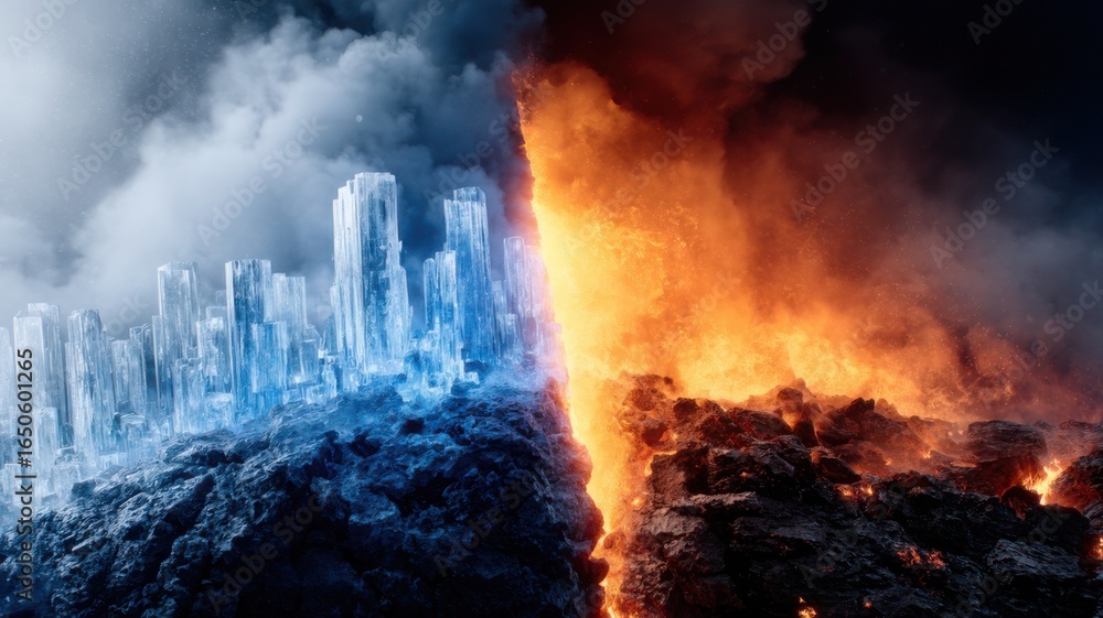Obraz premium Volcanic Waterfall and Icy Citadel Lava Cascades Beside Glaciers