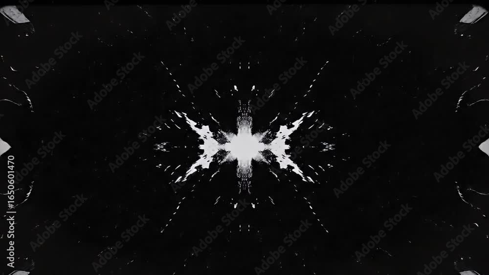 Symmetrical abstract pattern of black with central white burst and irregular white shapes at the edges