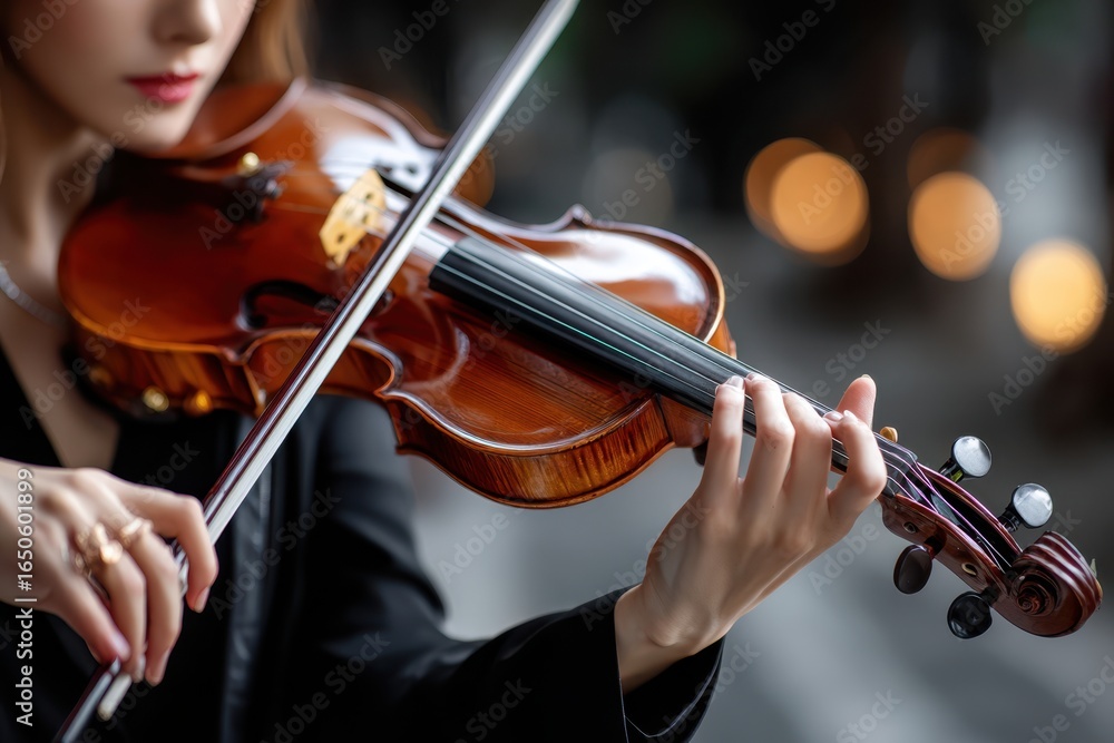 Musician performs with violin in urban setting during evening hours Musician performs with violin in urban setting during evening hours