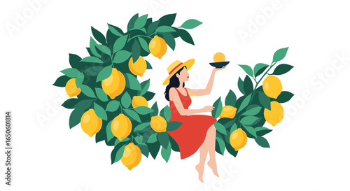 A Woman in a Red Dress and Sun Hat Sits Among Lemon Tree Branches