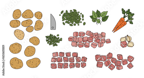 Ingredients preparation for a delicious meal featuring potatoes carrots and meat