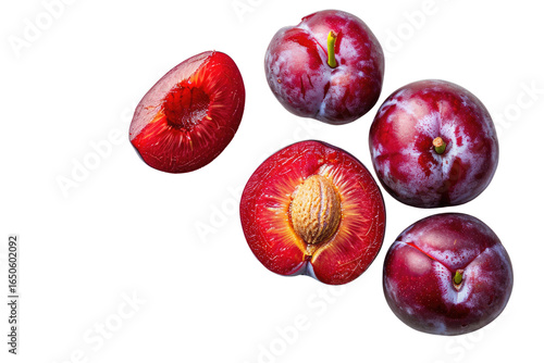 Four red plums and two halves, showcasing their juicy, vibrant interiors against a transparent background. background removed