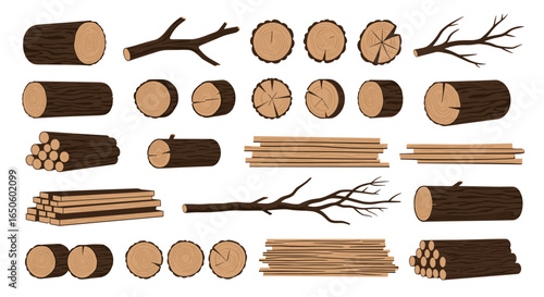 Collection of Various Wood Logs and Branches Used for Construction and Fuel