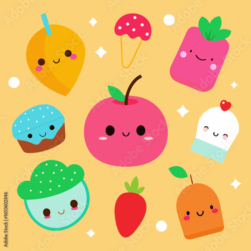Cute kawaii fruits and desserts with smiling faces