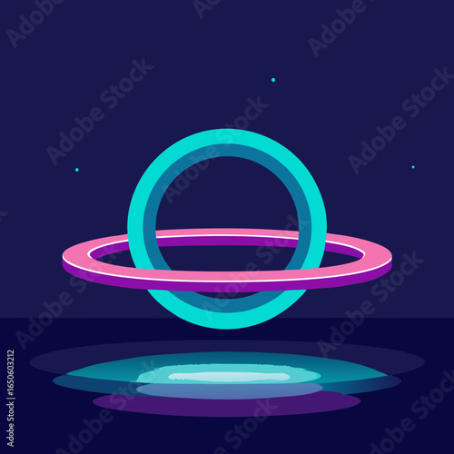 Abstract neon rings hovering over water with reflection